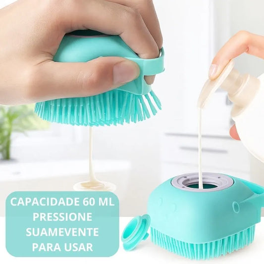 Escova de banho pet com dispenser de shampoo para cães e gatos