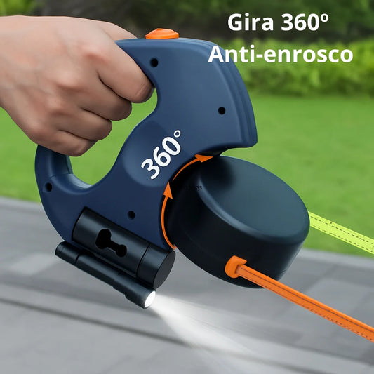 Guia retrátil dupla 360 graus com LED para 2 cães pequenos