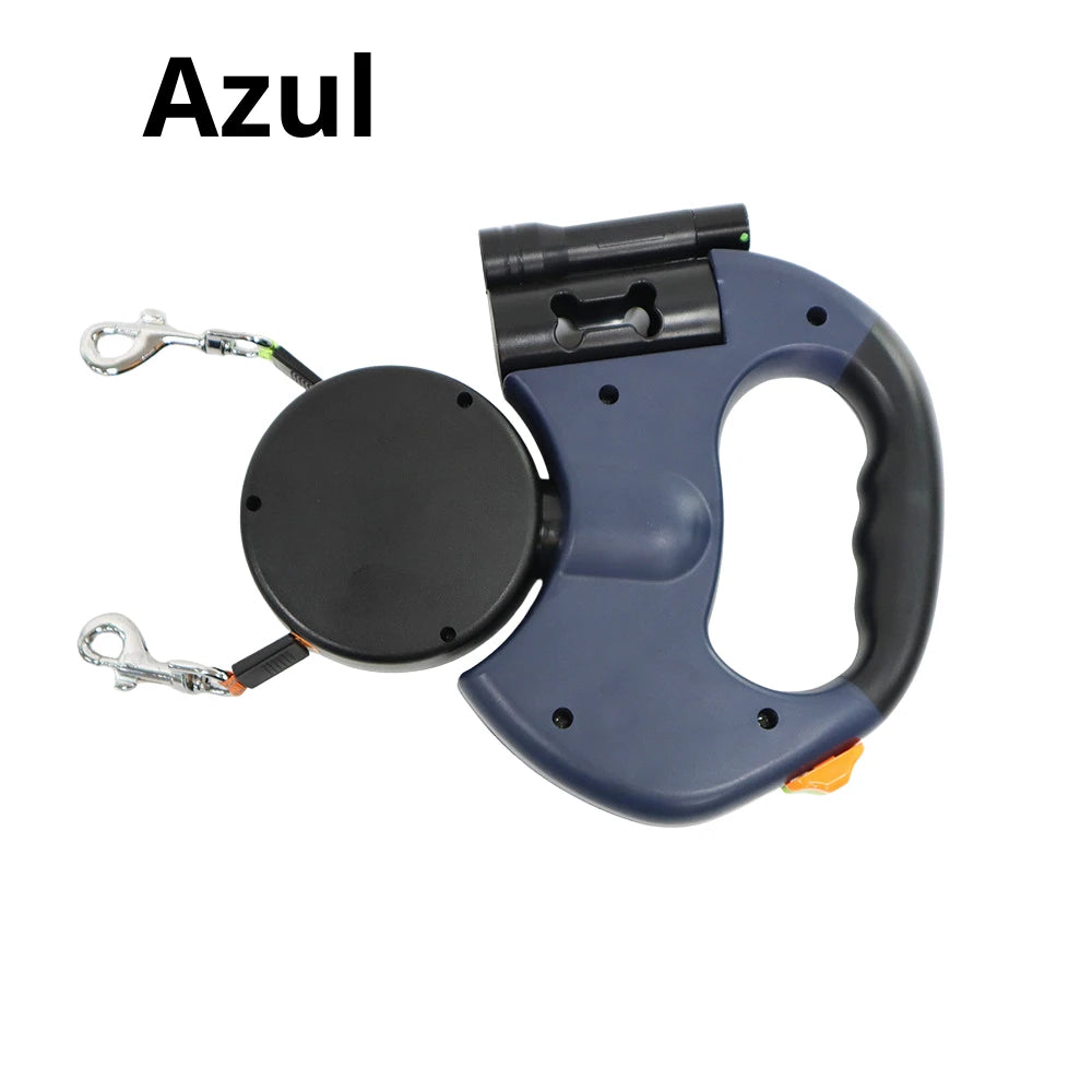 Guia retrátil dupla 360 graus com LED para 2 cães pequenos azul