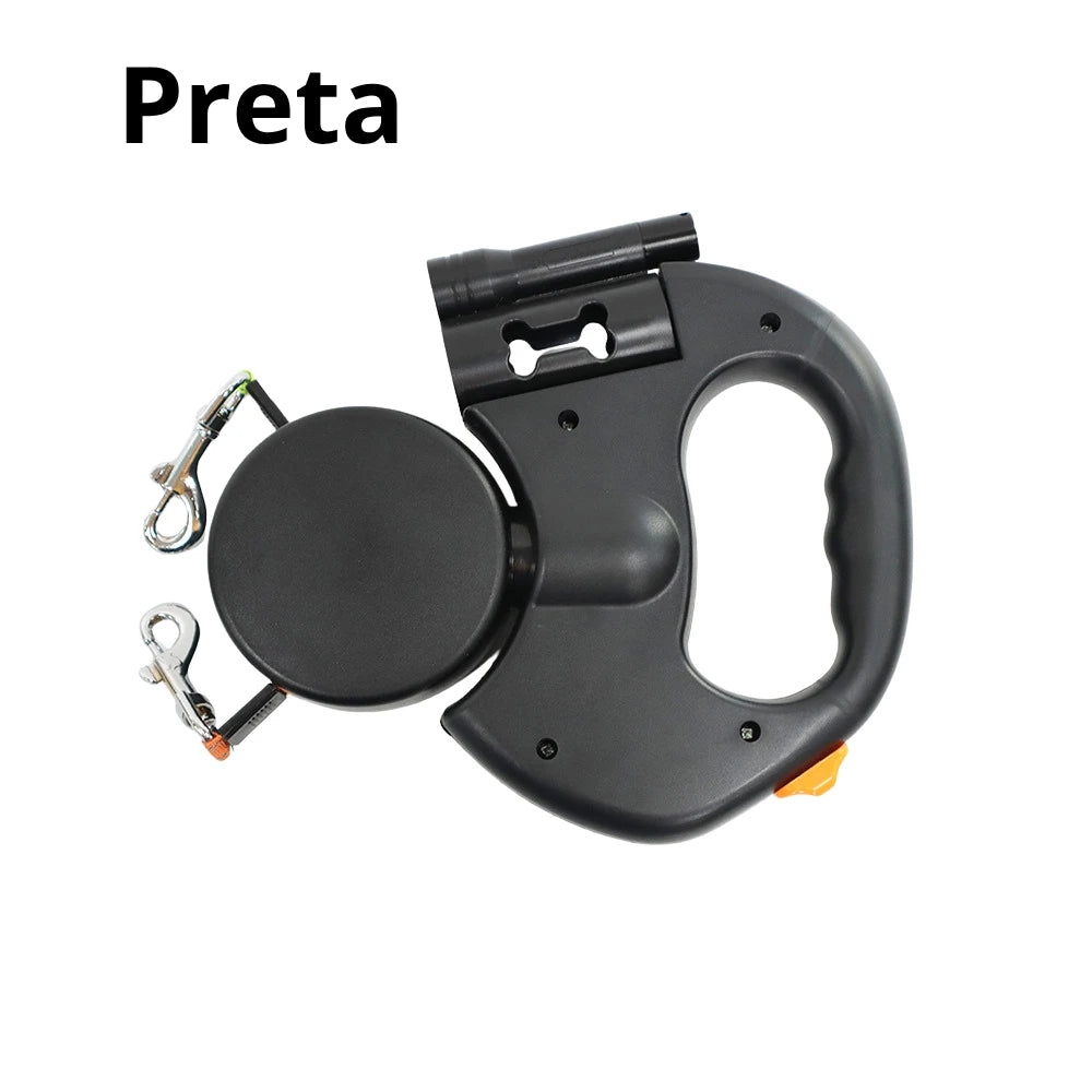 Guia retrátil dupla 360 graus com LED para 2 cães pequenos preta