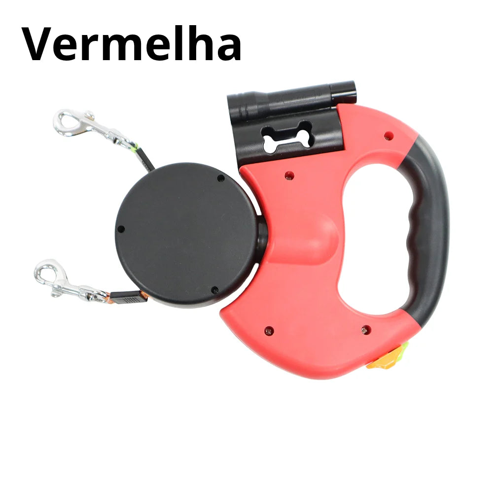 Guia retrátil dupla 360 graus com LED para 2 cães pequenos vermelha