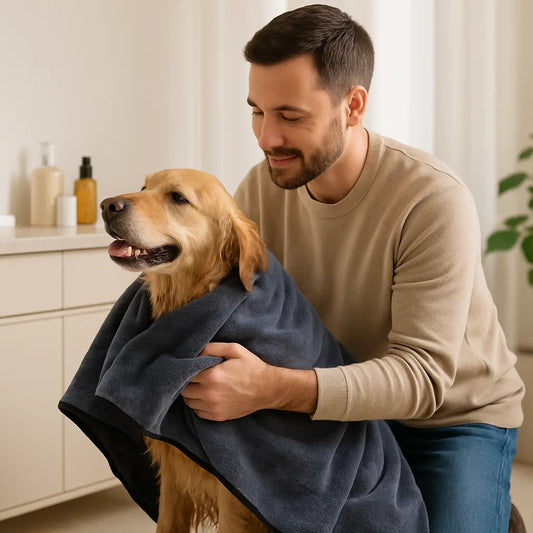 Toalha de Alta Absorção secando cachorro após o banho