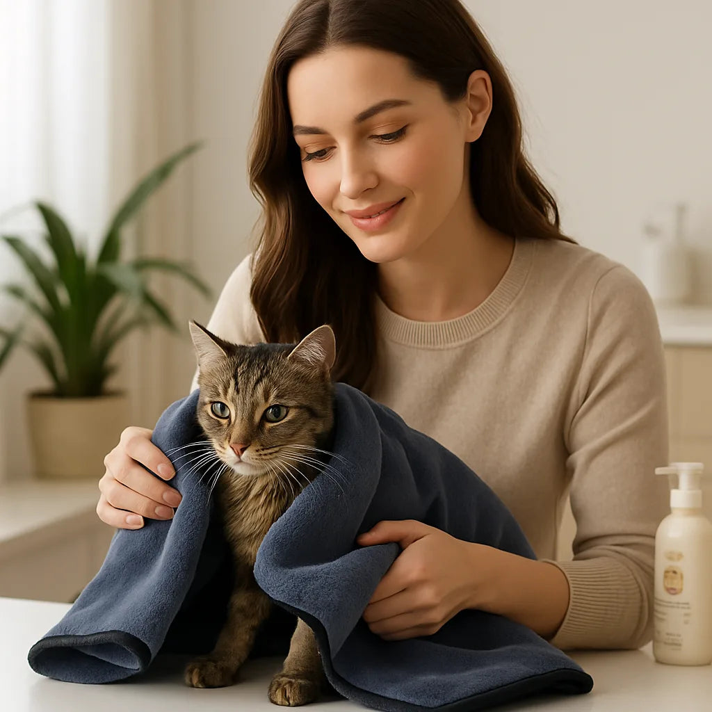 Toalha de Alta Absorção secando gato após o banho